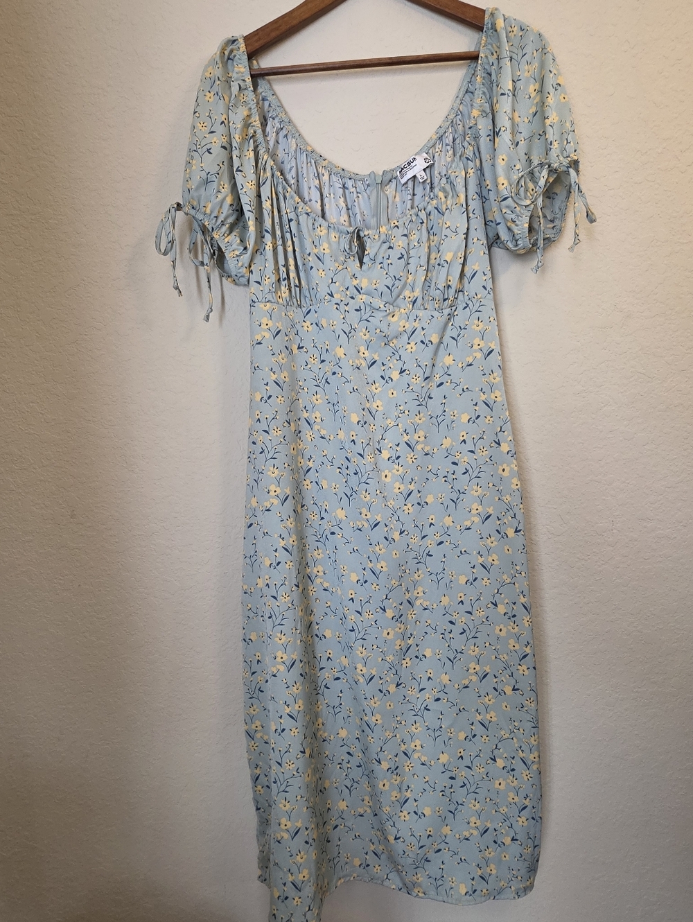 Pacsun Midi Dress Womens Large Green Cream Floral Puff Sleeve Summer Cottagecore
